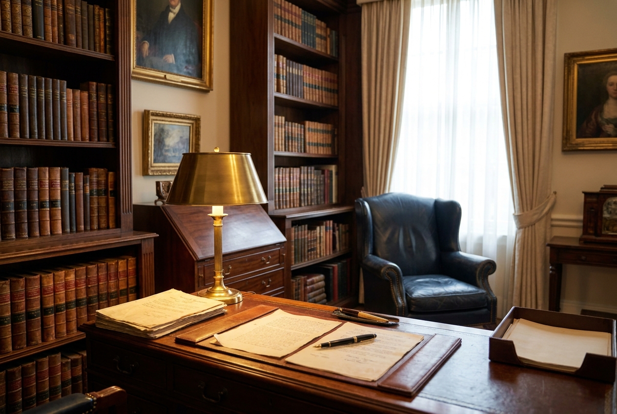 Law office with leather-bound books and warm lamplight